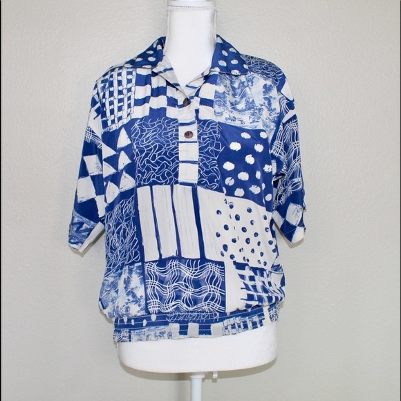 Peter Popovitch Vintage Blue Multi Pattern Design Short Sleeve Top - Medium - Picture 1 of 8